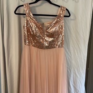 Womens V Neck Sequin Tulle A Line Evening Formal Dress Bridesmaid Rose Gold,